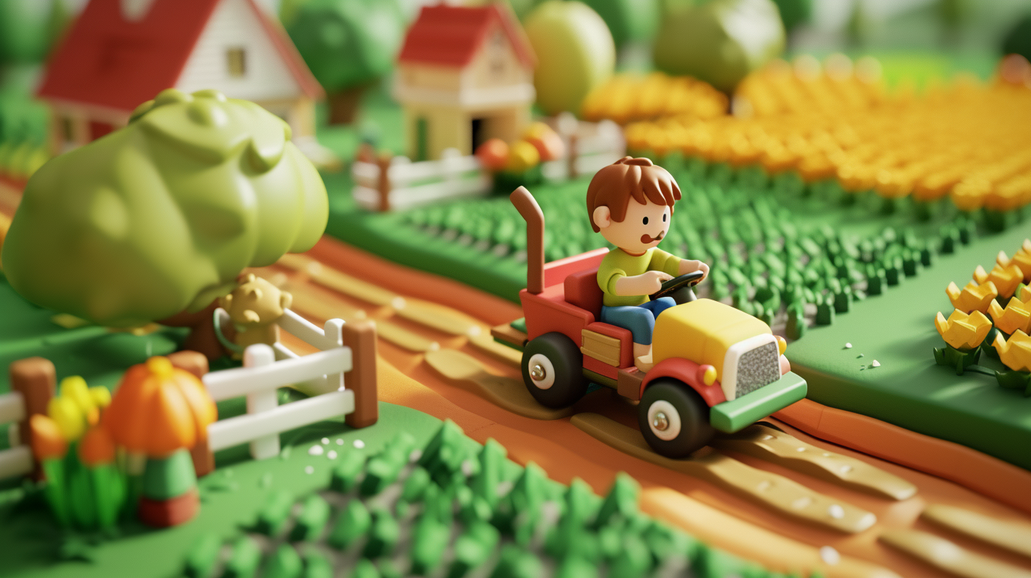 Little boy driving truck on a green farm with farmhouse