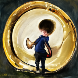 Boy turning into tuba in picture