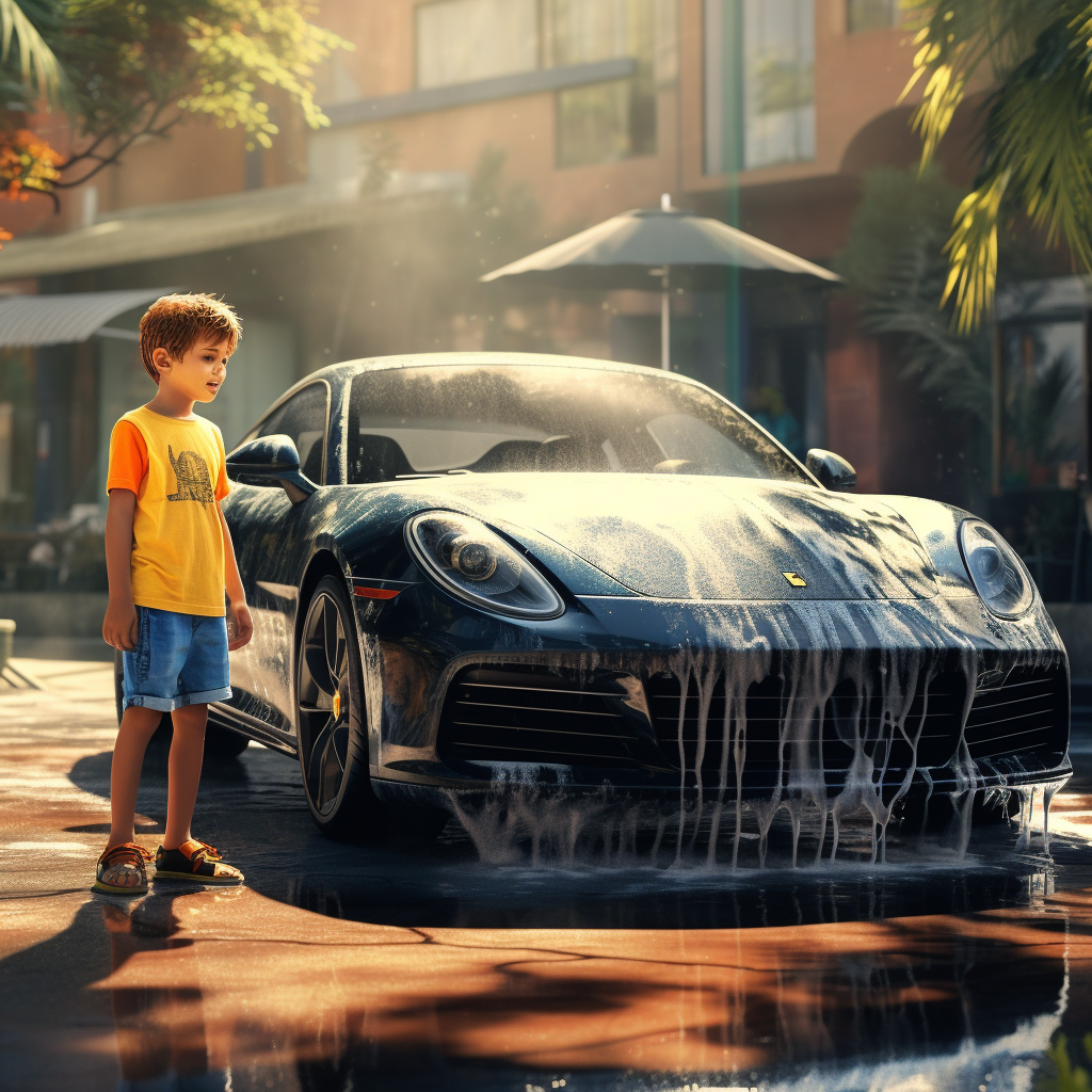 Boy washing car with car wash brush