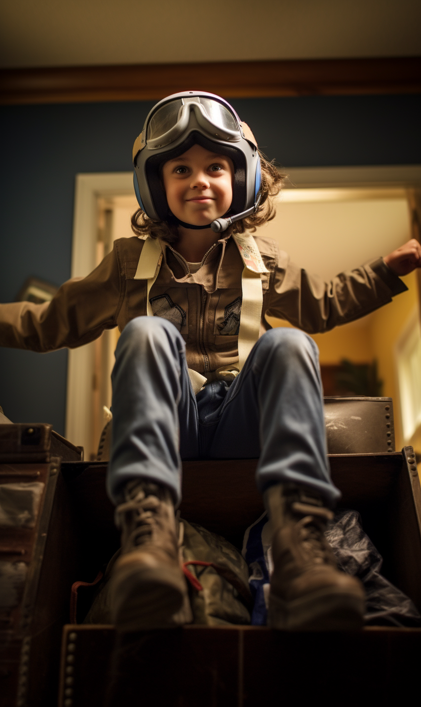 Young boy dressed as WW2 pilot in living room