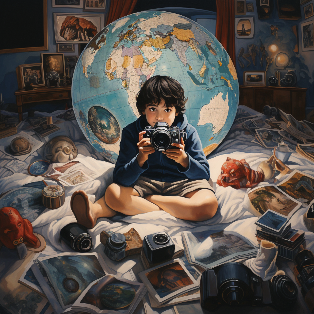 Boy on Bed with Camera Capturing Memories