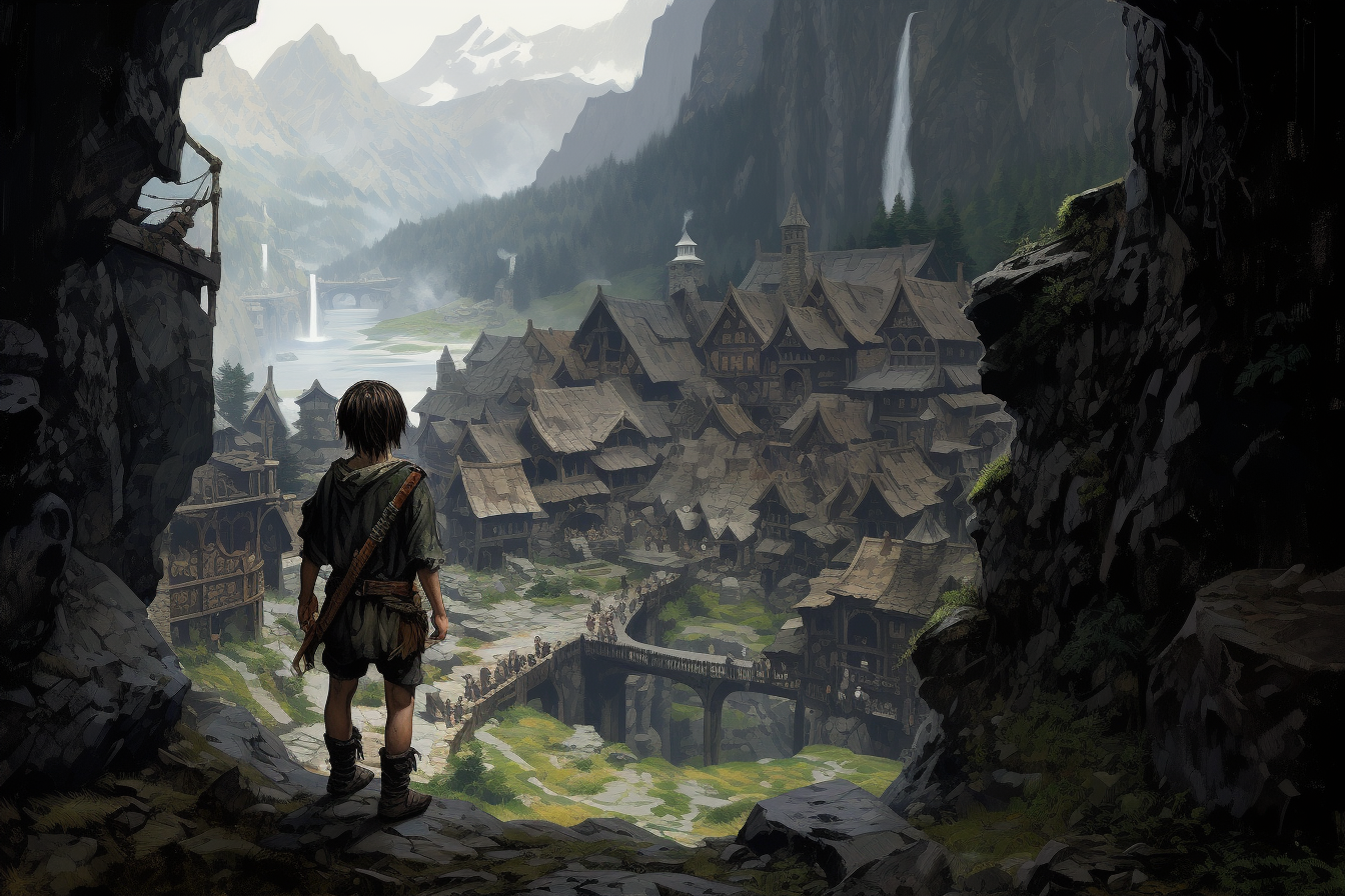 A boy exploring a dark cliffside village