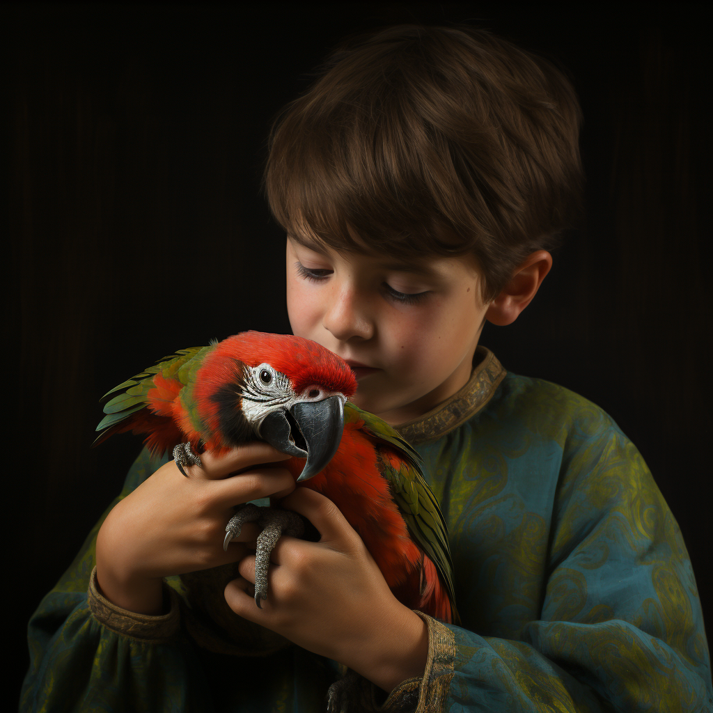 Boy feeding a colorful parrot