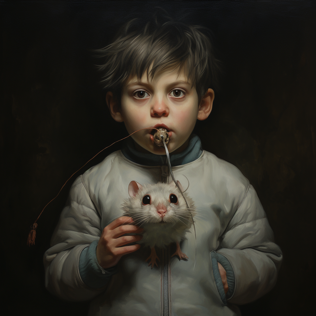 Boy holding mouse in mouth