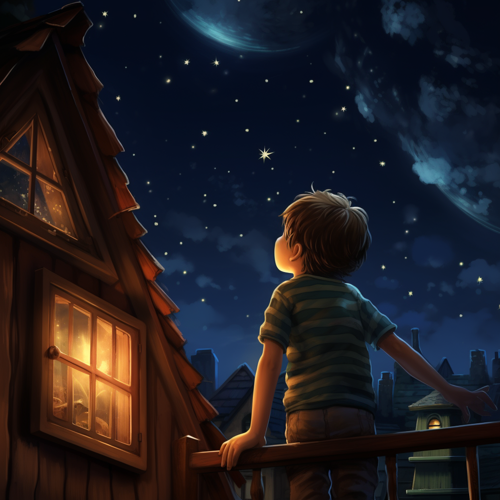 boy looking at stars from bedroom