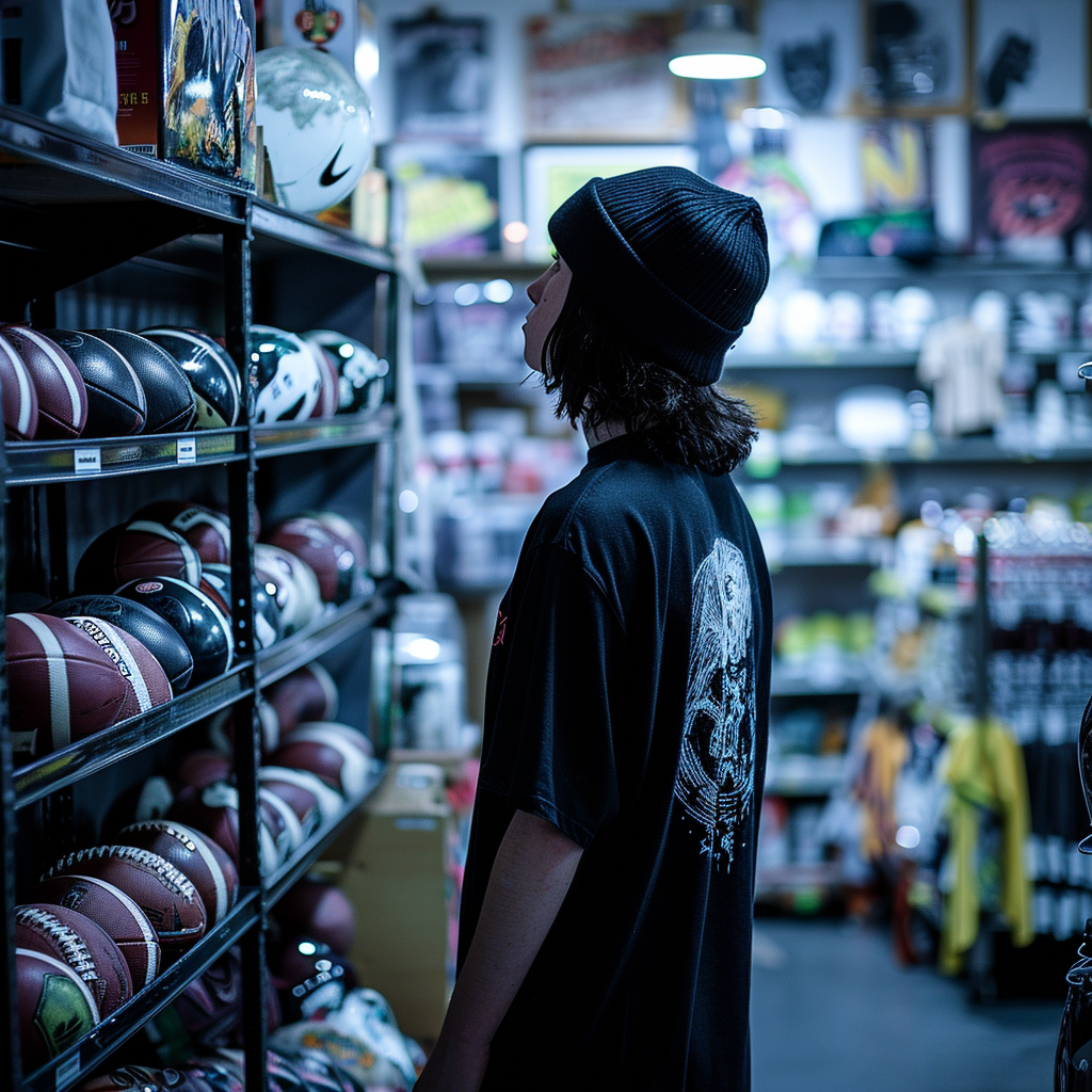 Teen boy stealing NFL ball from shelf