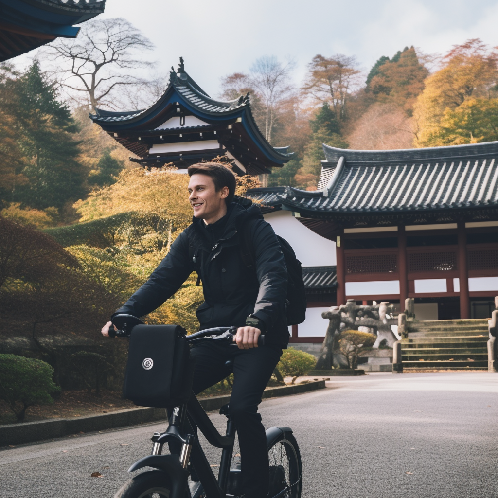 Boyca riding electric bike near Japanese temple