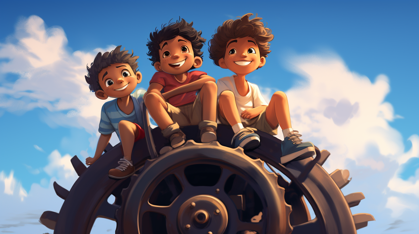 Three boys with big smiles holding a ship's wheel