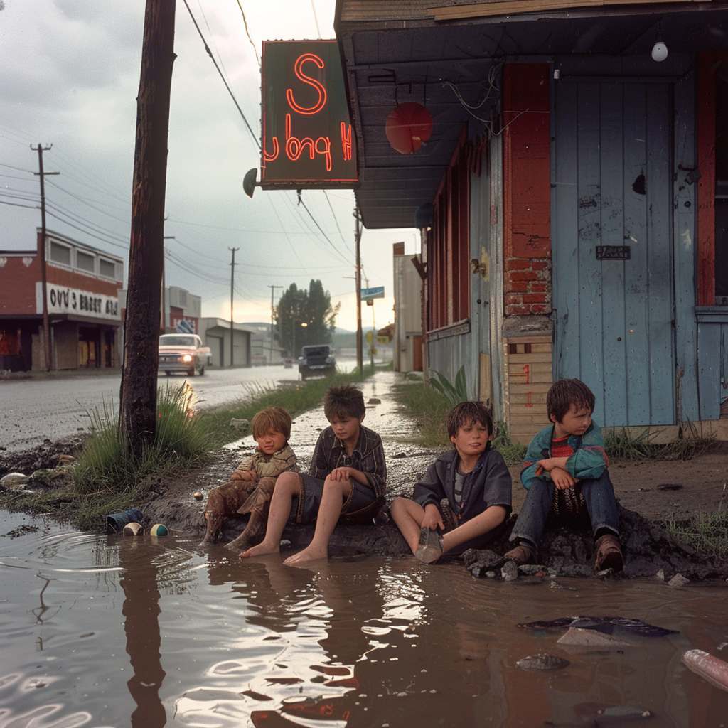 Three boys on rainy day