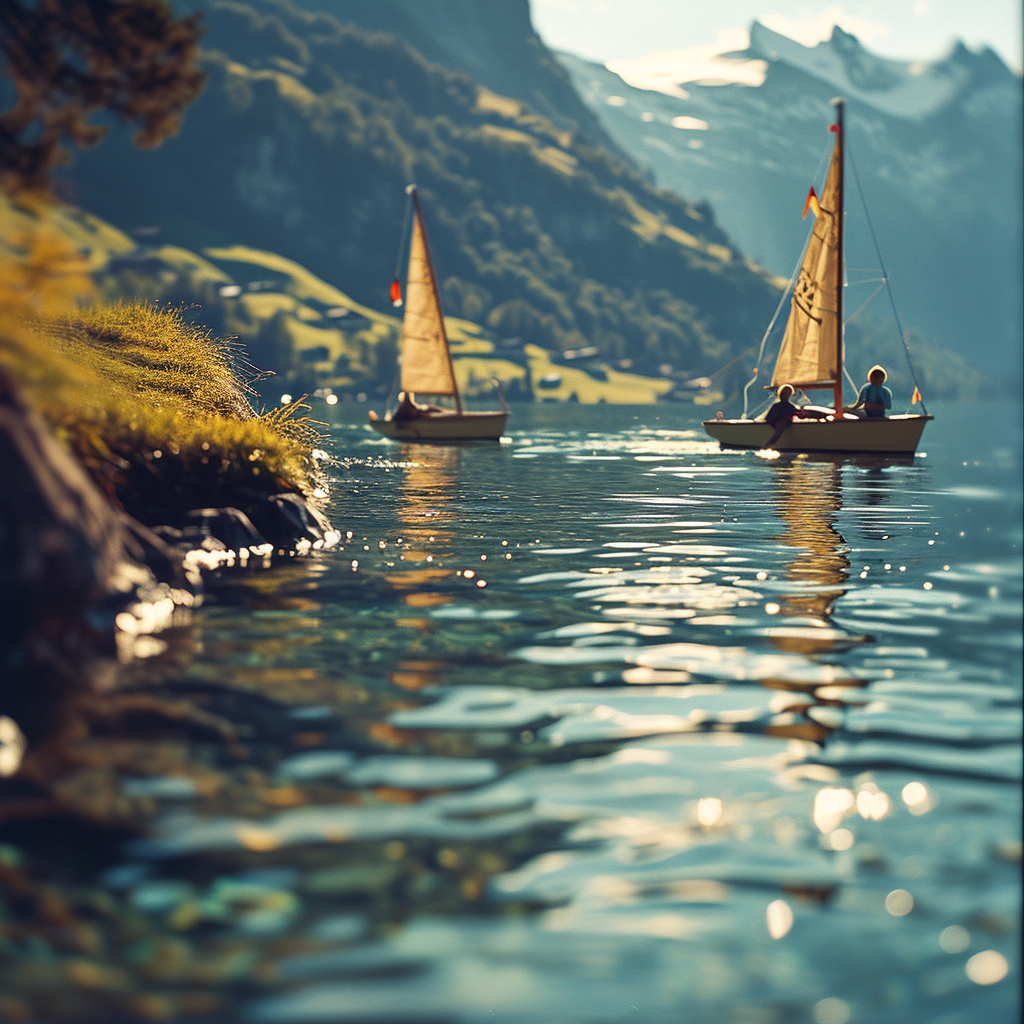 Boys sailing on sailboats in beautiful Grindelwald