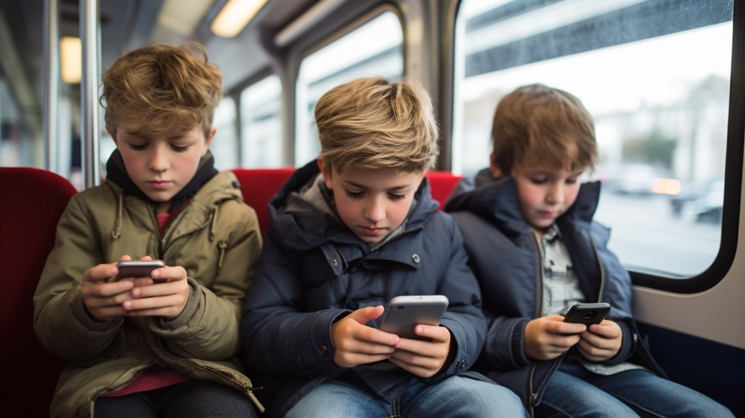 Young boys on train seat with cellphone