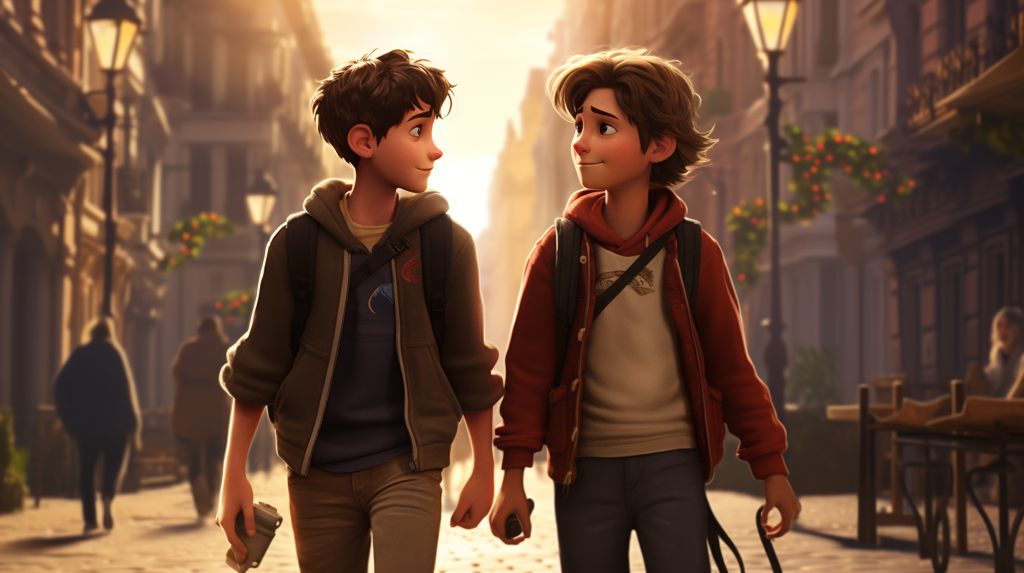 Two boys walking and talking