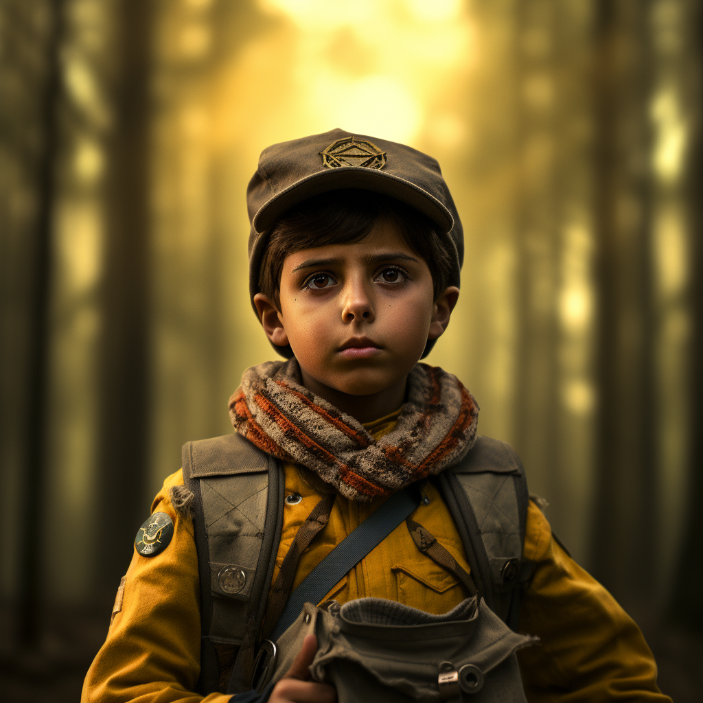 Young boyscout with compass in forest