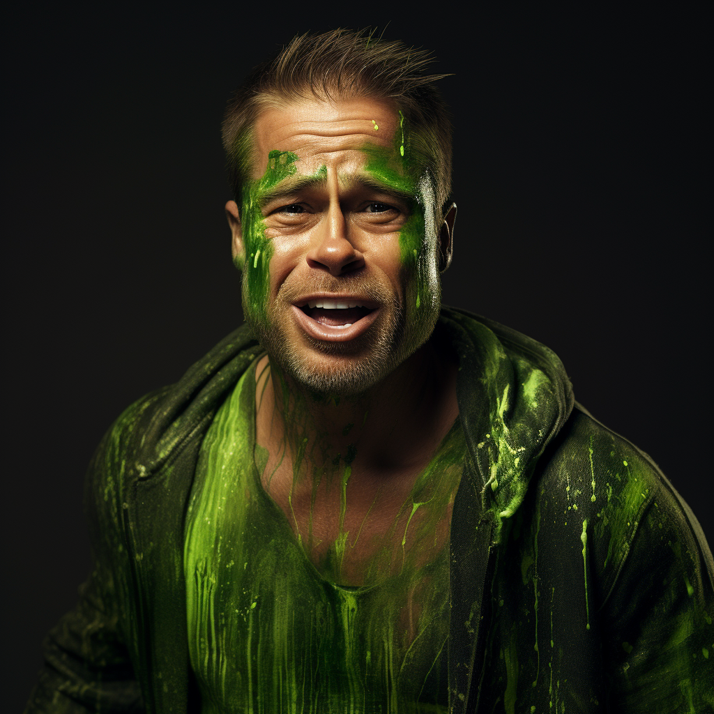 Brad Pitt without teeth in green paint