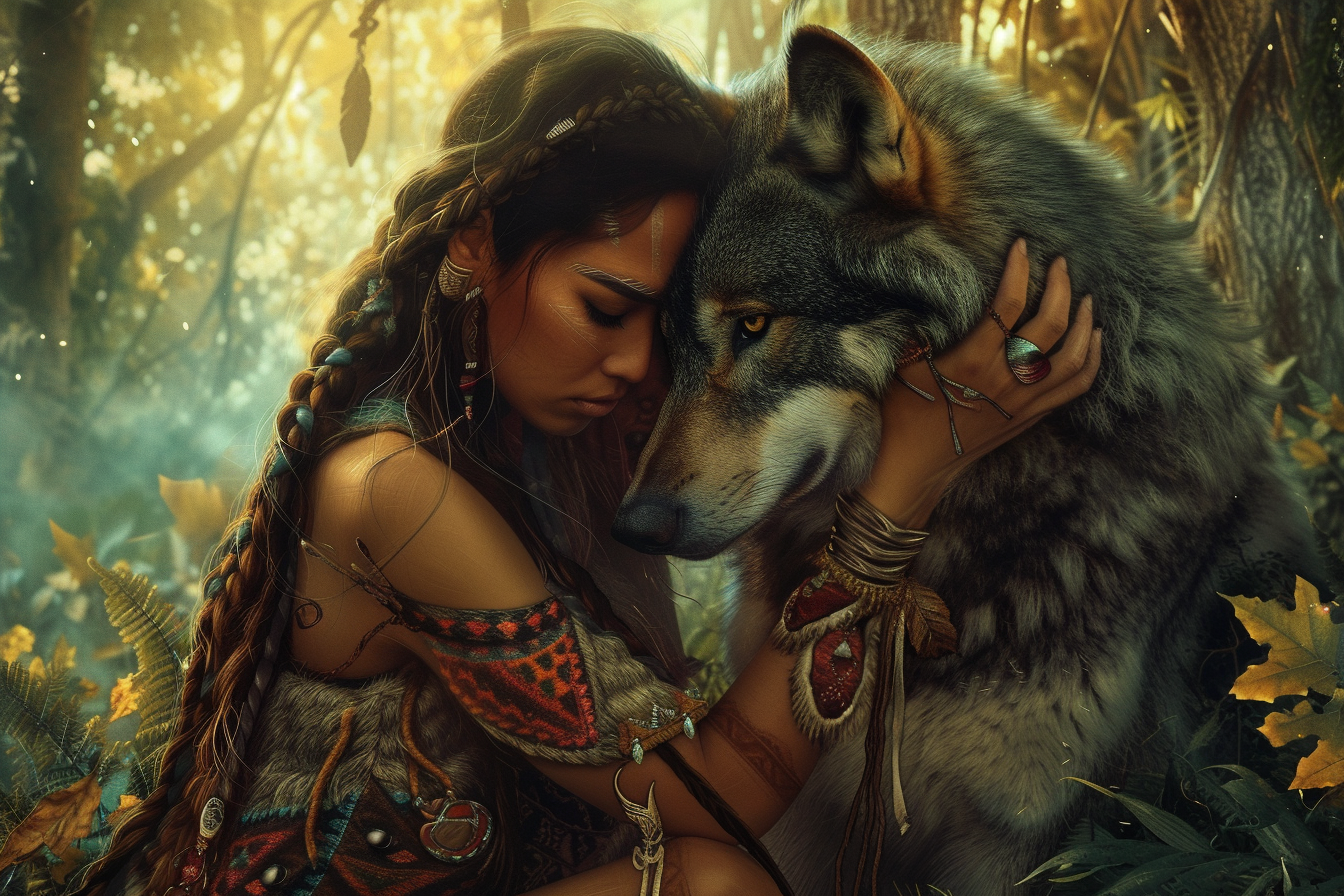 Native American Woman Hugging Dark Wolf in Mystical Forest