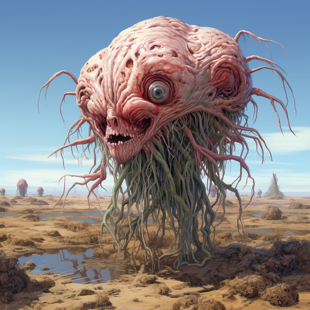 Massive brain monster navigating thorny terrain