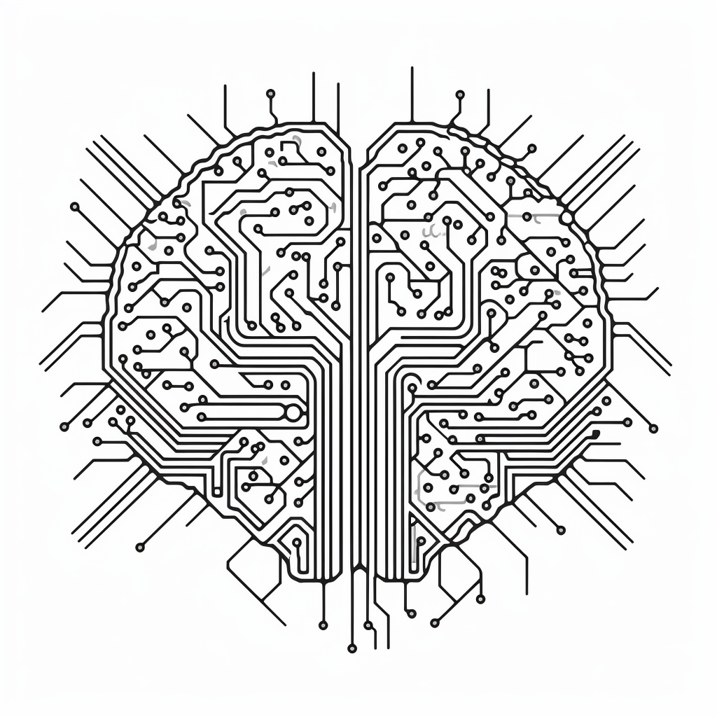 Black and white line illustration of AI brain outline with circuit board pattern