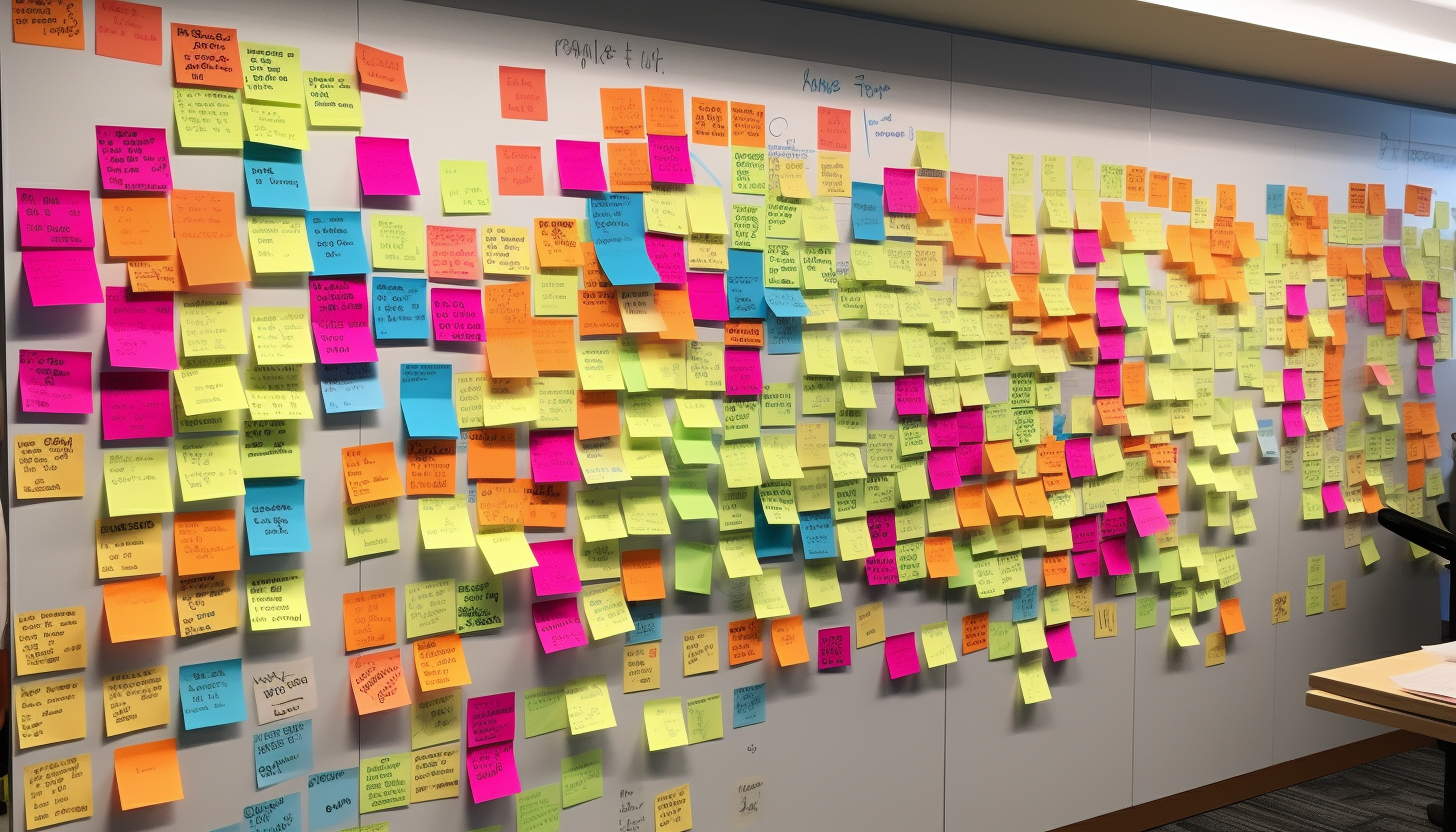 Colorful post-it notes from a tech company brainstorming session