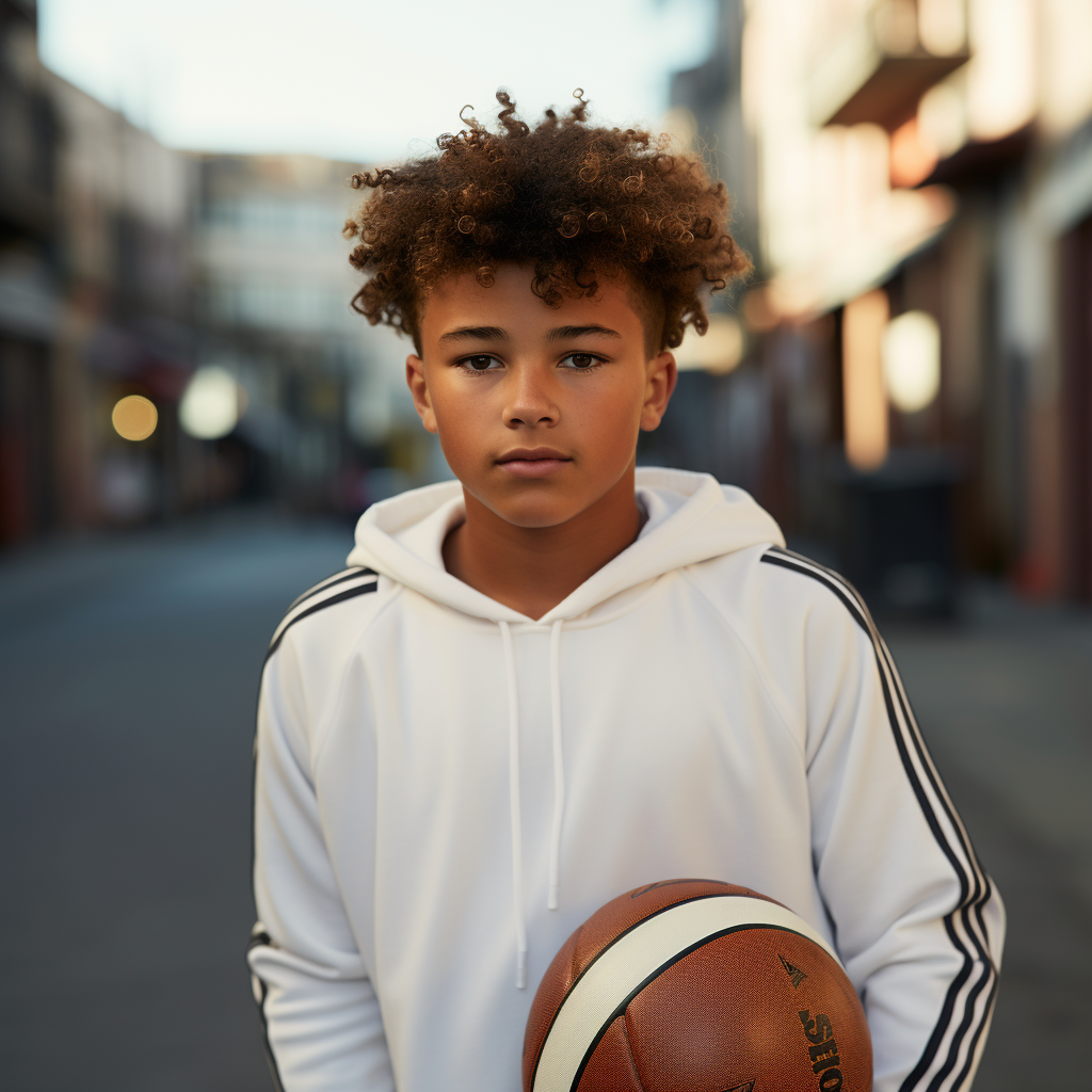 Young boy in Adidas clothes preparing to throw basketball