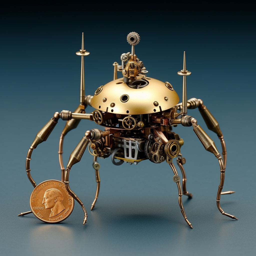 Small brass steam-powered robot with multiple limbs