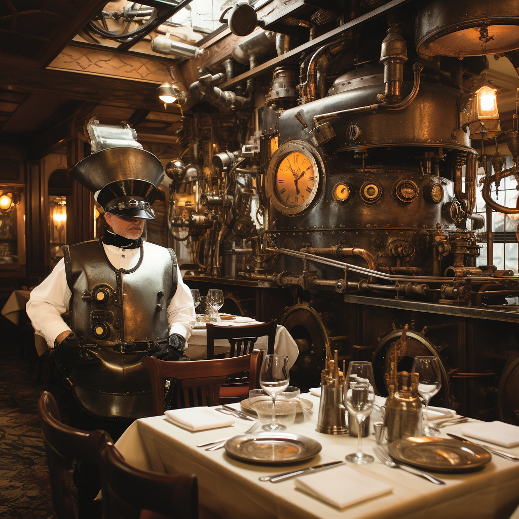 Waiter serving patrons in steampunk brasserie