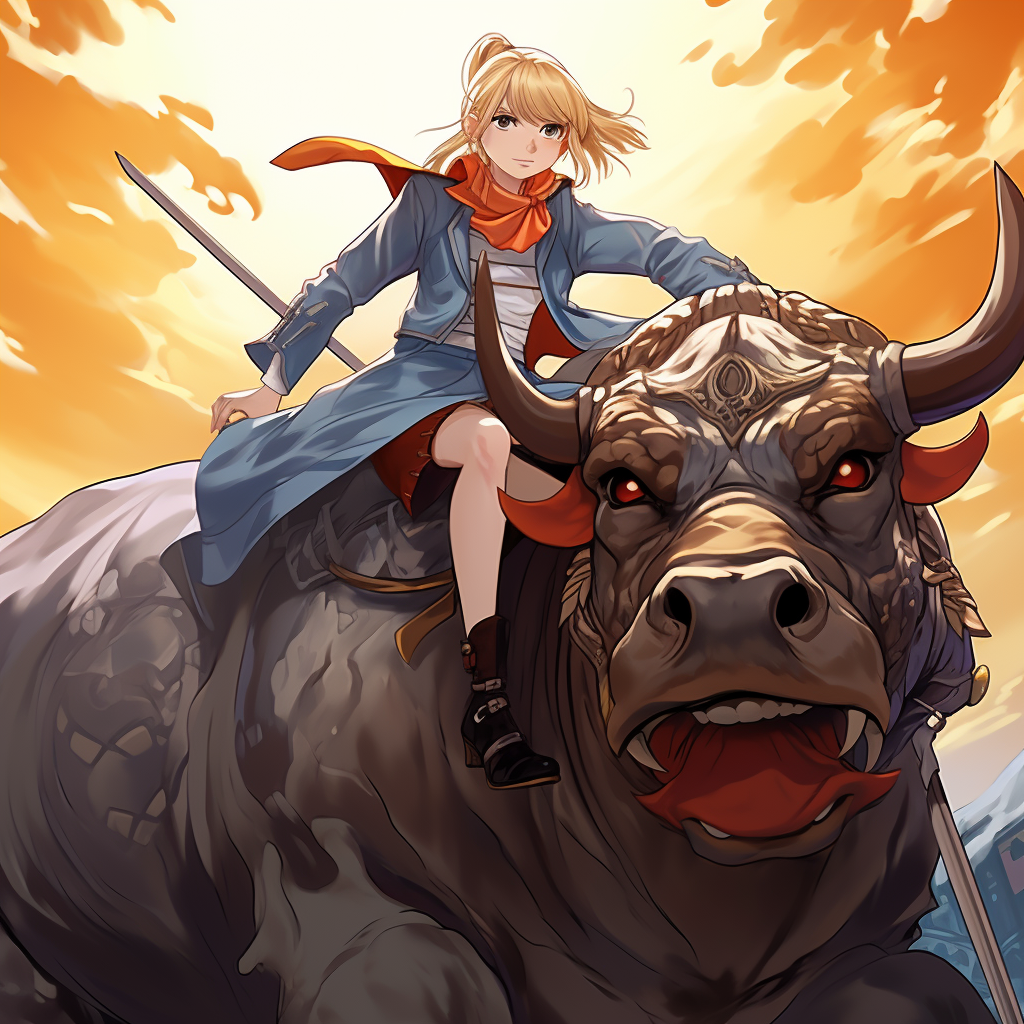 Brave blond girl bull fight