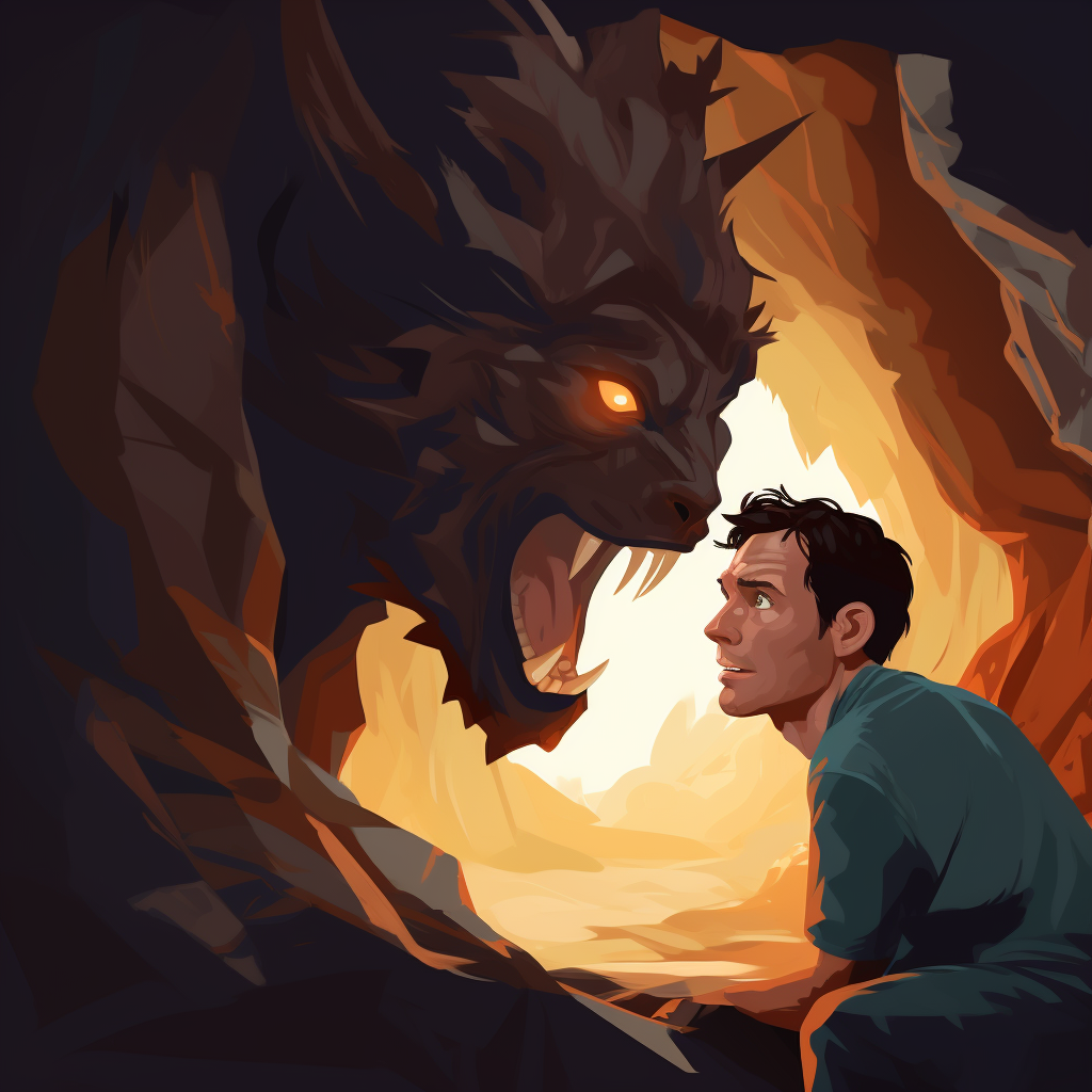 Cartoon-style Brave Man Facing Beast