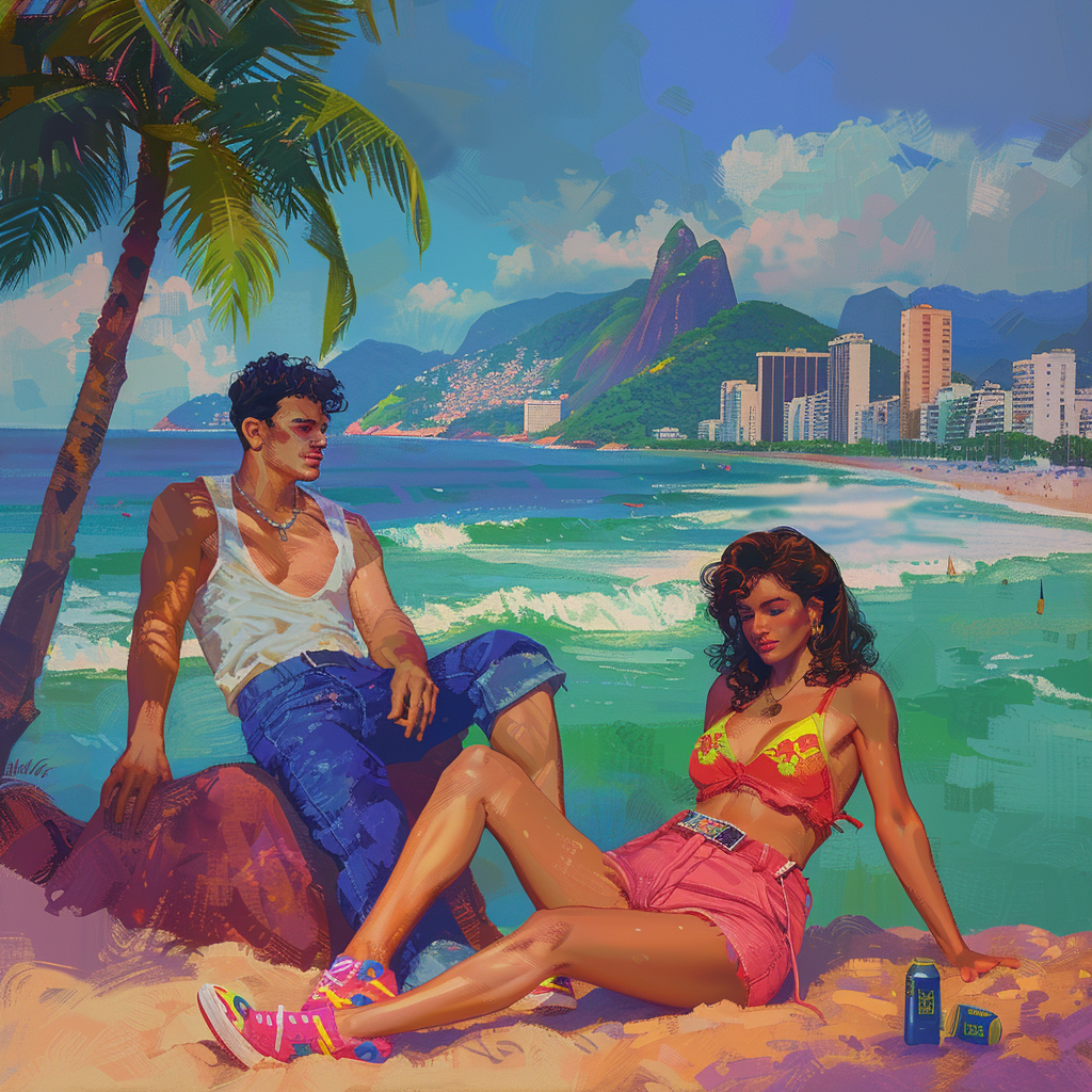 Couple resting on Brazilian beach 1985