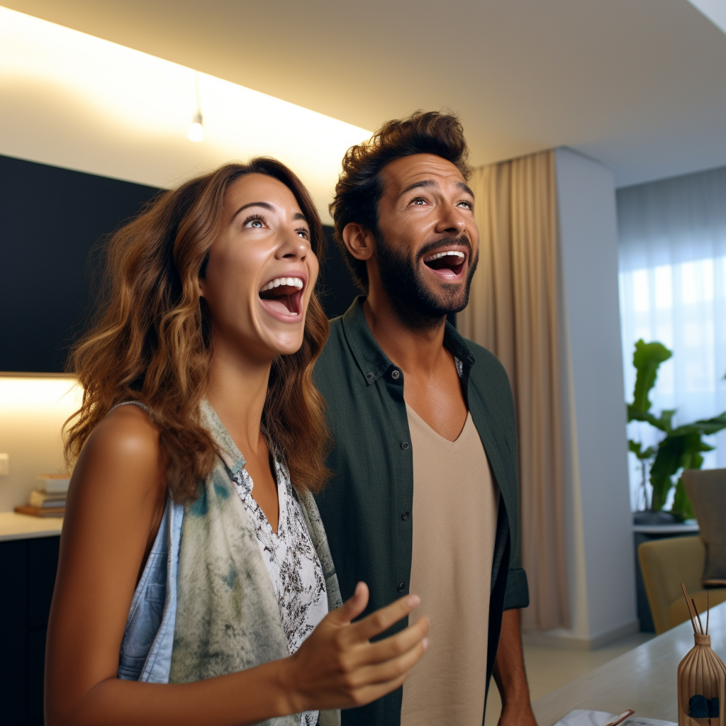 Delighted Brazilian couple admiring their new apartment