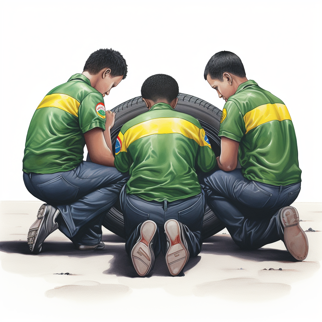 Four people praying around Brazilian flag