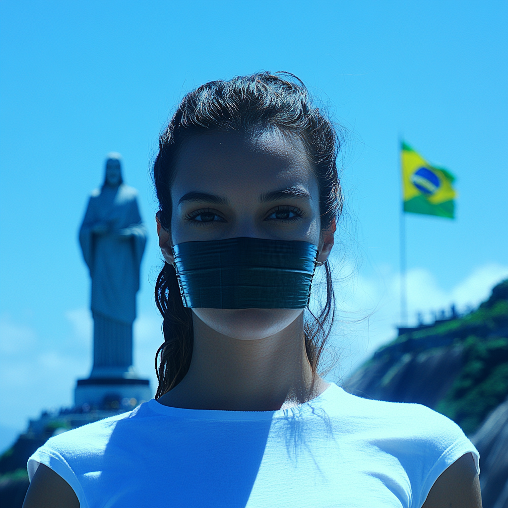 Brazilian girl holding flag with tape