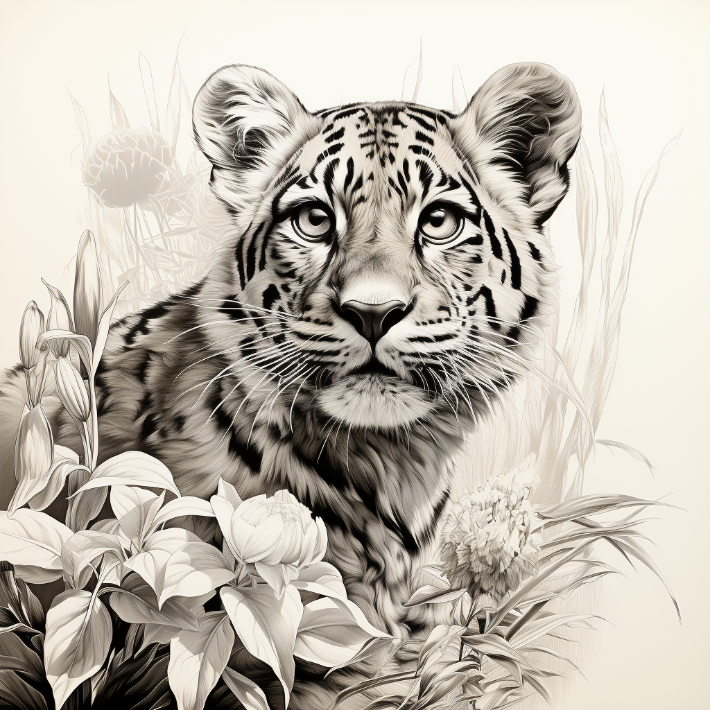 Engraving of Brazilian leopard amidst tropical plants