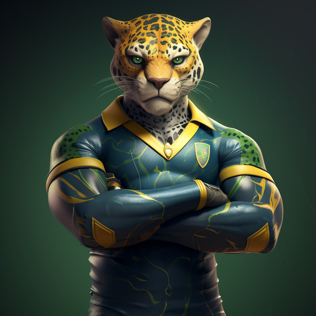 Humanoid jaguar in Brazilian national team shirt