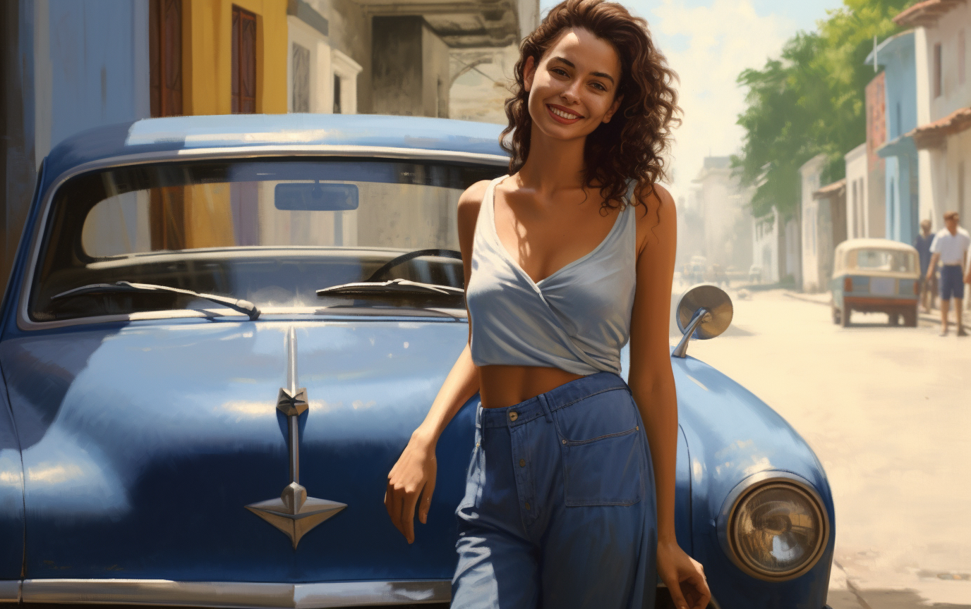 Realistic image of a friendly Brazilian woman with her blue car on a quiet street