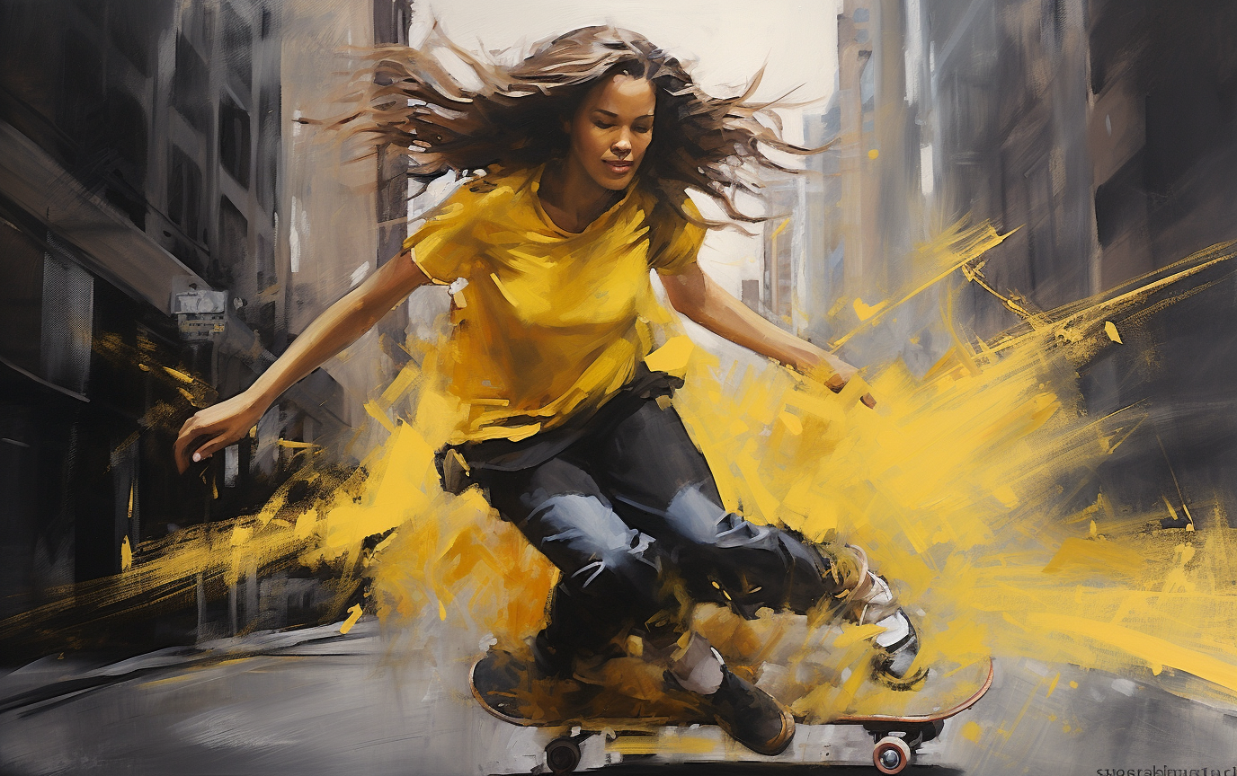 Brazilian woman with long hair surfskating in black and yellow