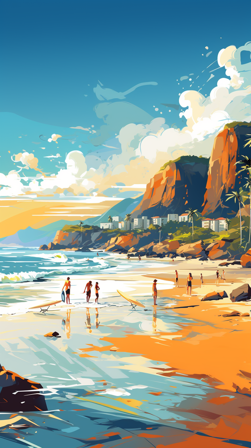 Whimsical Brazilian beach scene with vibrant colors