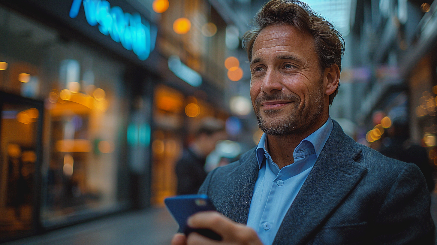 Brazilian businessman using cellphone smiling