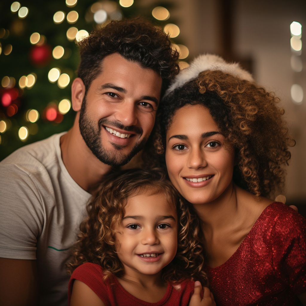 Brazilian family posing in front of Christmas trees