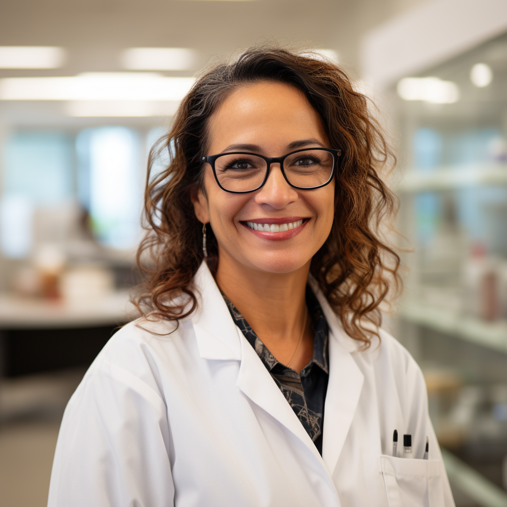 Smiling Brazilian Female Doctor in Lab Coat