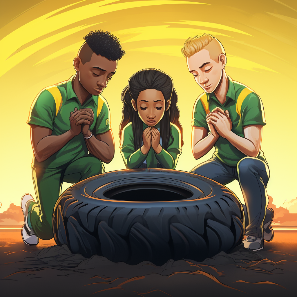 Four people praying around Brazilian flag-colored truck tire