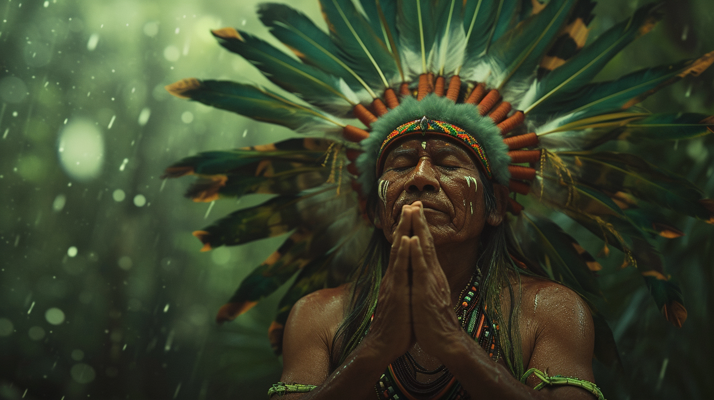 Brazilian Native Indian Praying in Forest