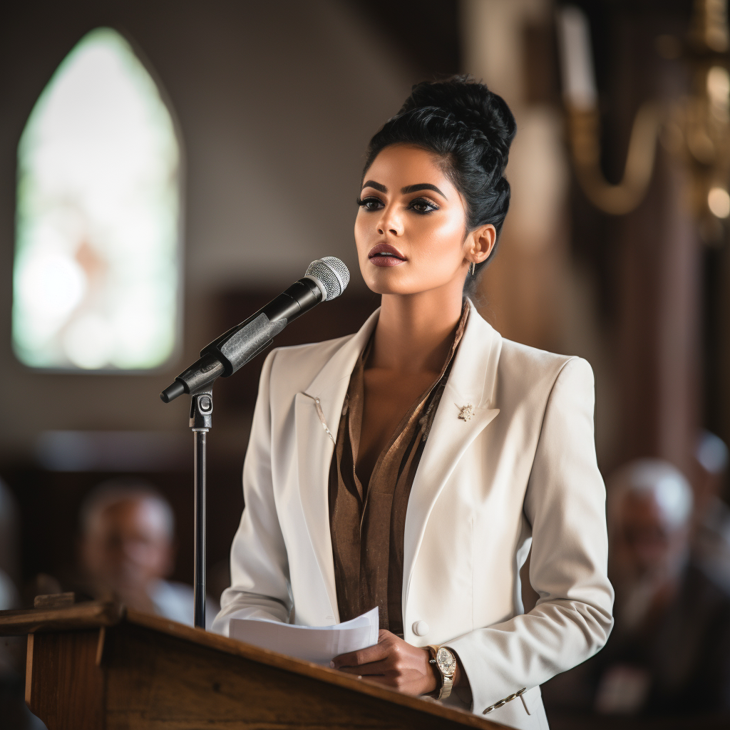 Brazilian woman speaking at podium in old church