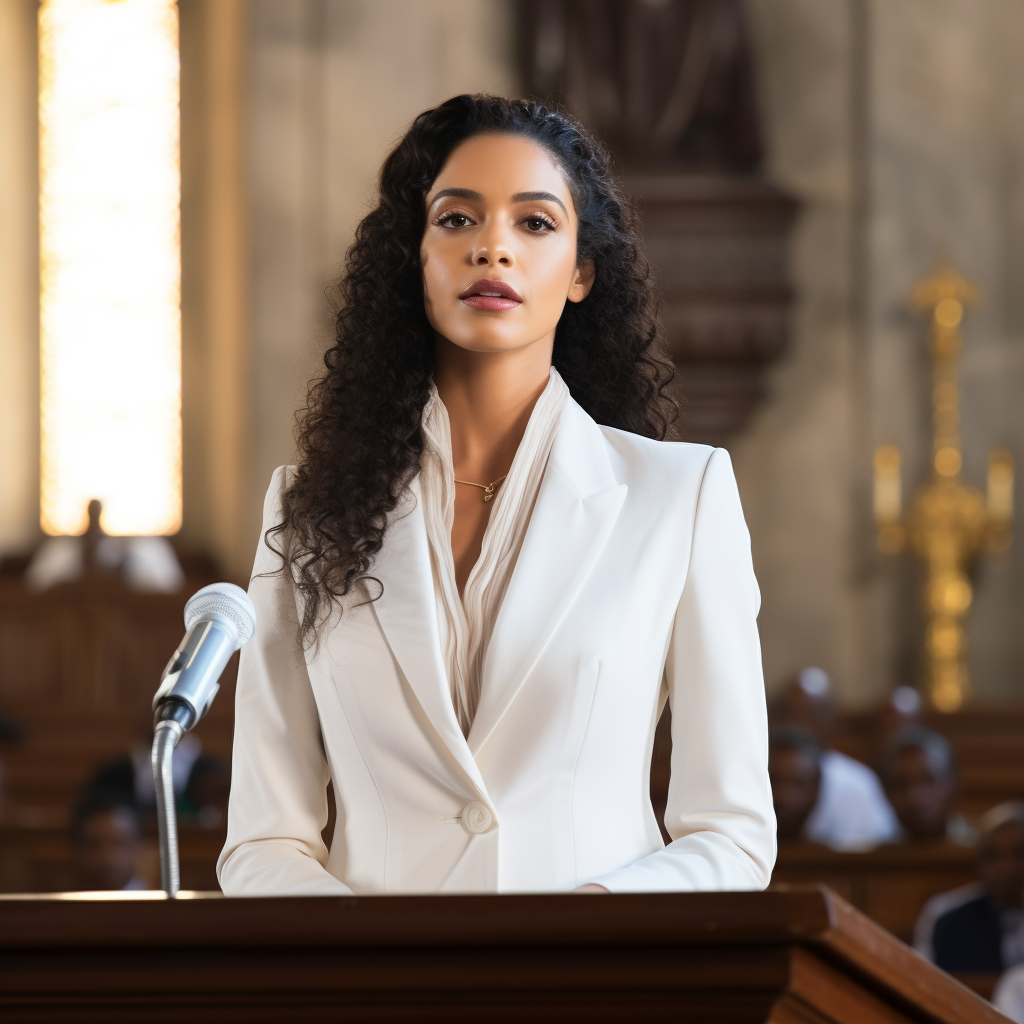 Brazilian woman in white blazer suit speaking at church podium