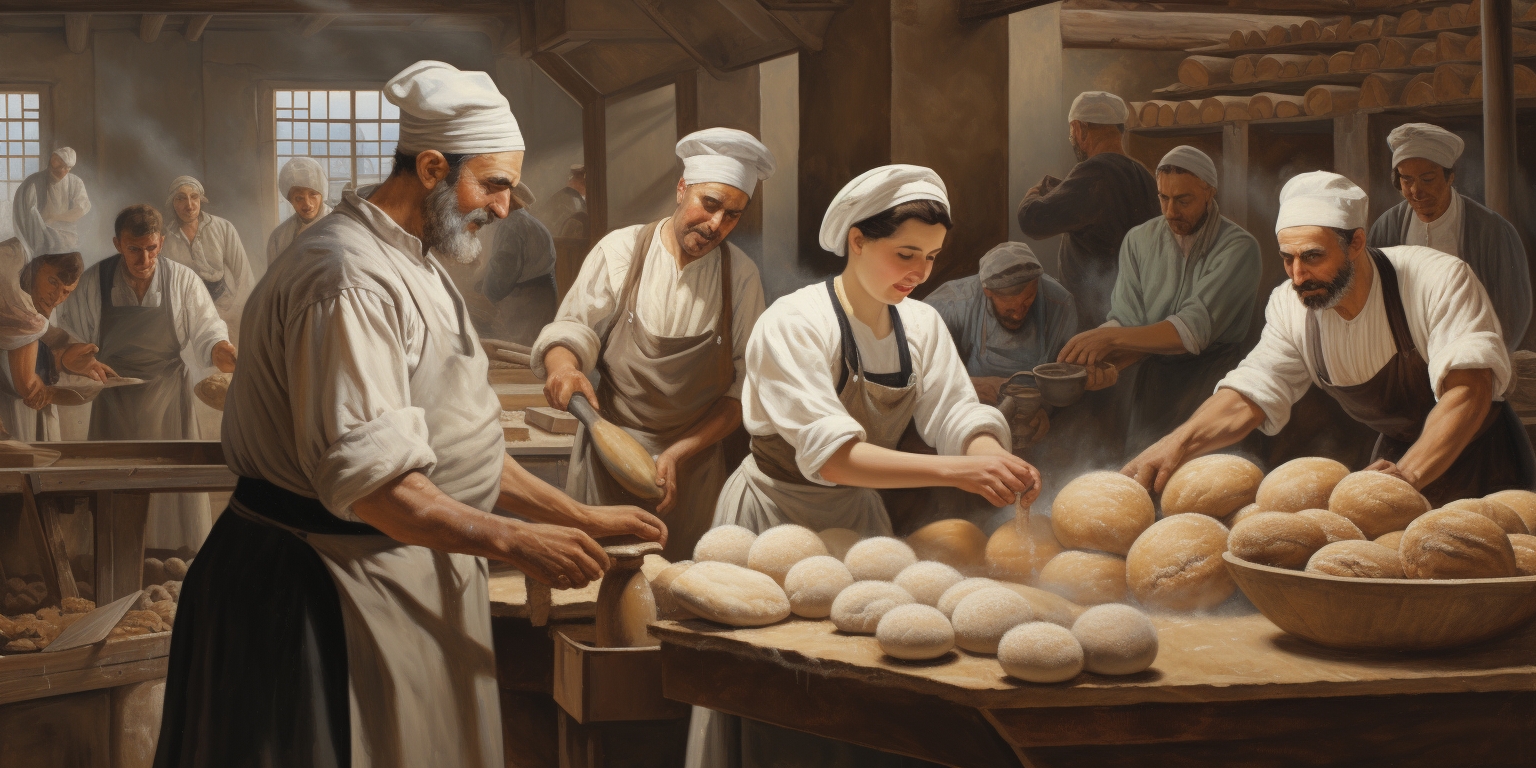 Workers making bread in bakery