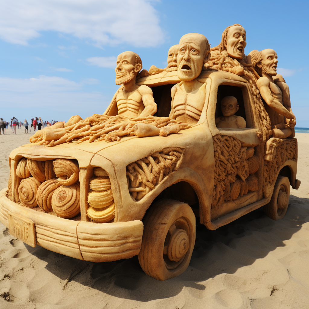 Bread truck with two ugly men at the beach