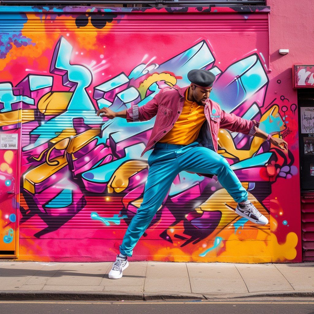 Breakdancing Bboy in front of graffiti mural