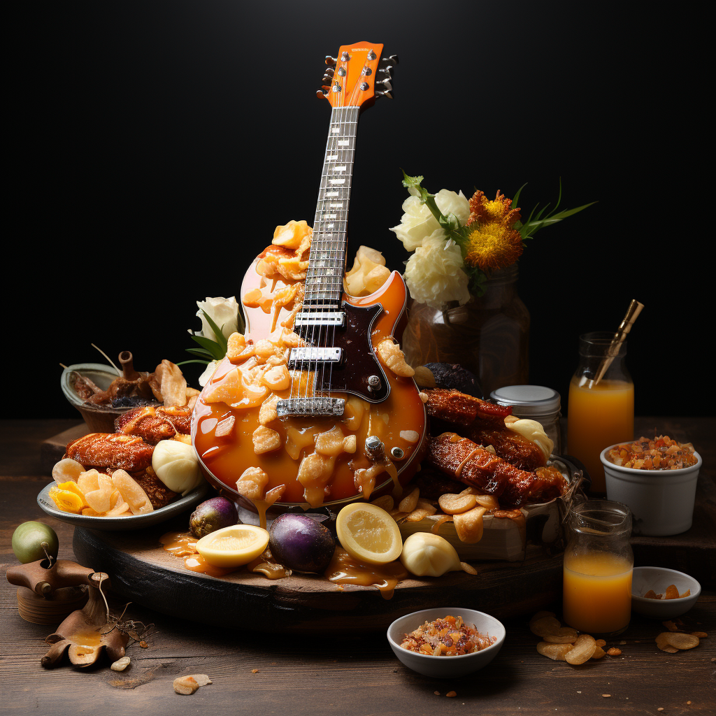 Unique guitar made of breakfast foods