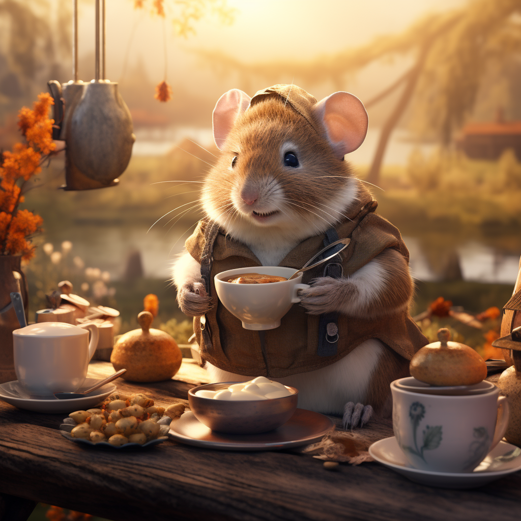 Field mouse preparing breakfast scene