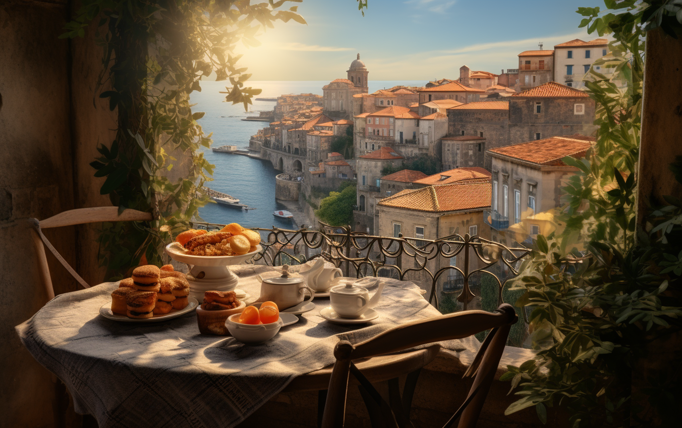 Scenic breakfast view over medieval port city