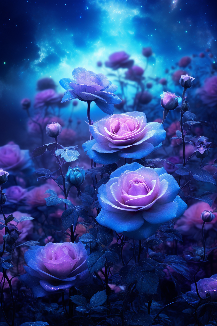 Spectacular blue roses under the night sky